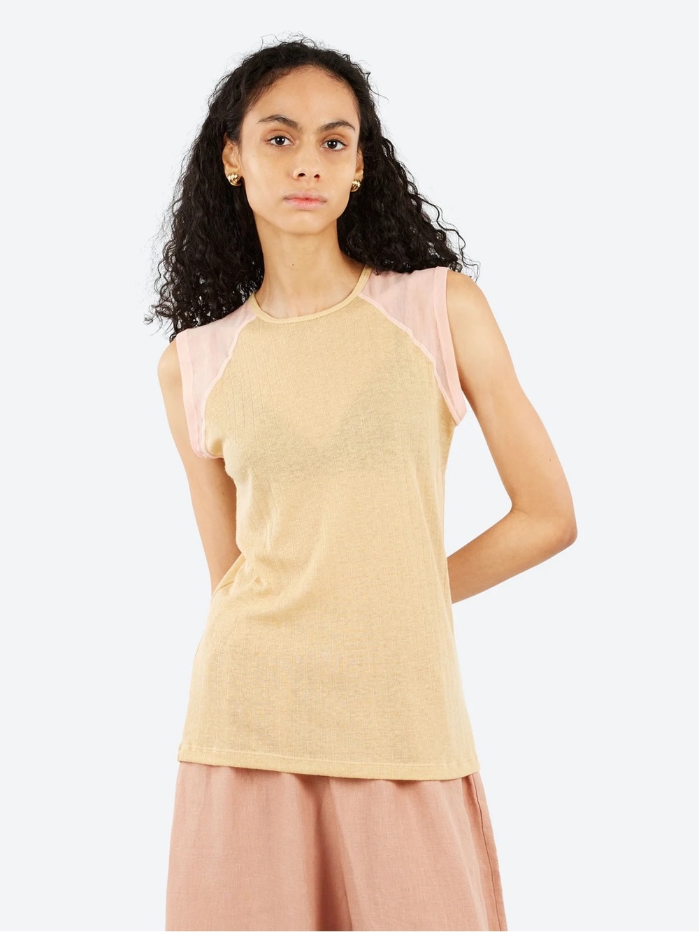 Baserange Gene Tank in Hen Yellow Buio Pink Wool Raglan Tee Ribbed Baselayer